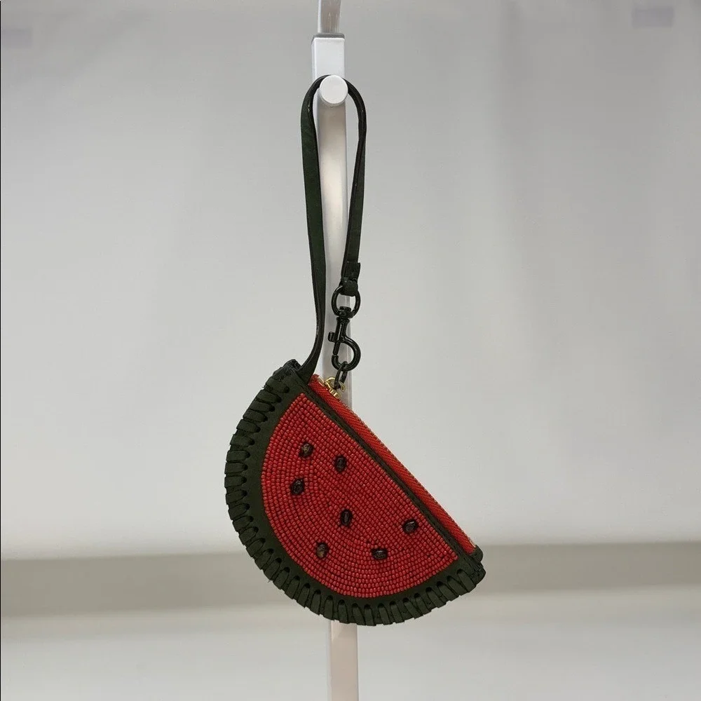 Tory Burch Beaded Watermelon Nubuck Leather Coin Purse Pouch Wristlet